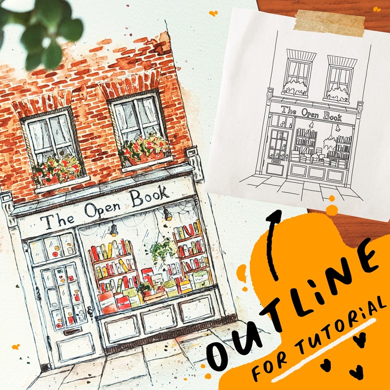 The Open Book” outline drawing - Inky Paper House's Ko-fi Shop