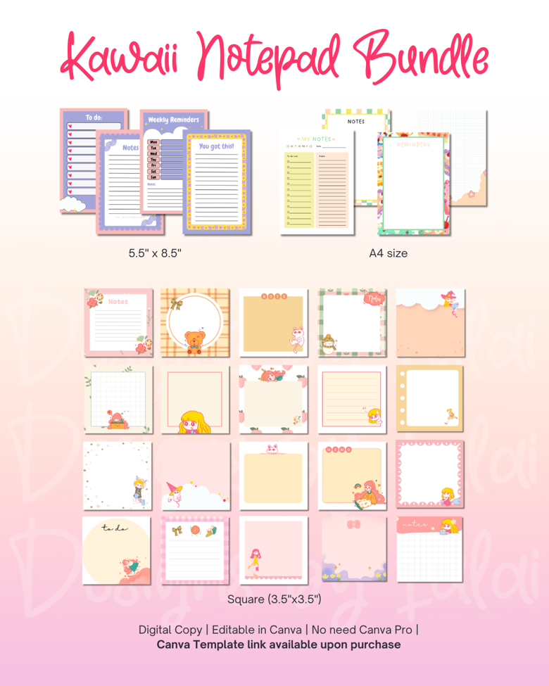 Kawaii Notepad Template Bundle | Canva Notepad Template | Stationery ...