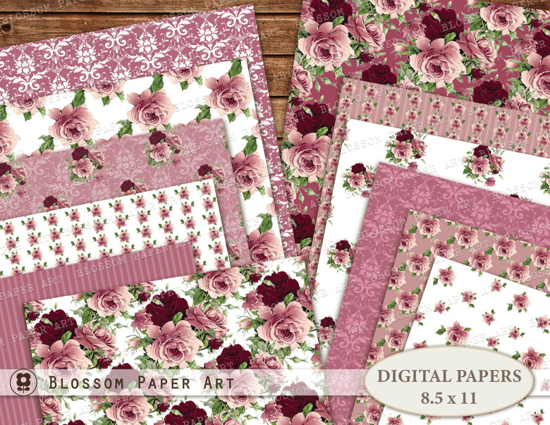 Lavender Floral Rose Scrapbook Paper, Digital Pink Floral Paper