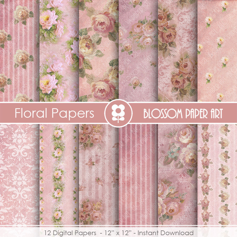 Rose Digital Paper Pink Floral Digital Papers, Pink Scrapbook Papers ...