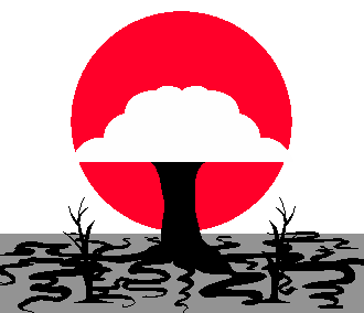 on a transparent and grey background a stylized tree stands in front of a red moon its leaves a pure white and its trunk a pure black; it's roots spread out over the grey ground in flat waves, two scraggly black trees stand sentinel in front of it barren of leaves