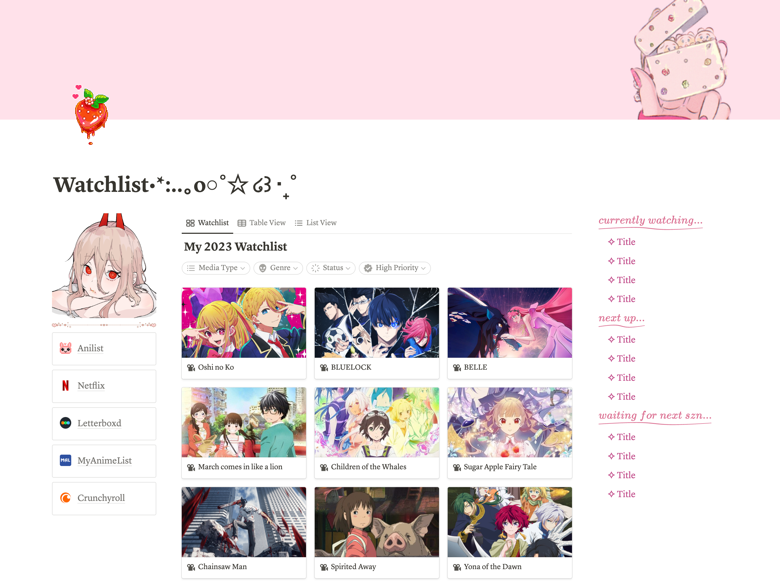 Anime Journal Tracker (FREE Notion Template) - yuhna's Ko-fi Shop - Ko-fi  ❤️ Where creators get support from fans through donations, memberships,  shop sales and more! The original 'Buy Me a Coffee'