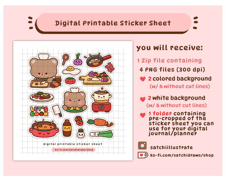 Cute Digital Printable Cooking Bear Sticker Sheet