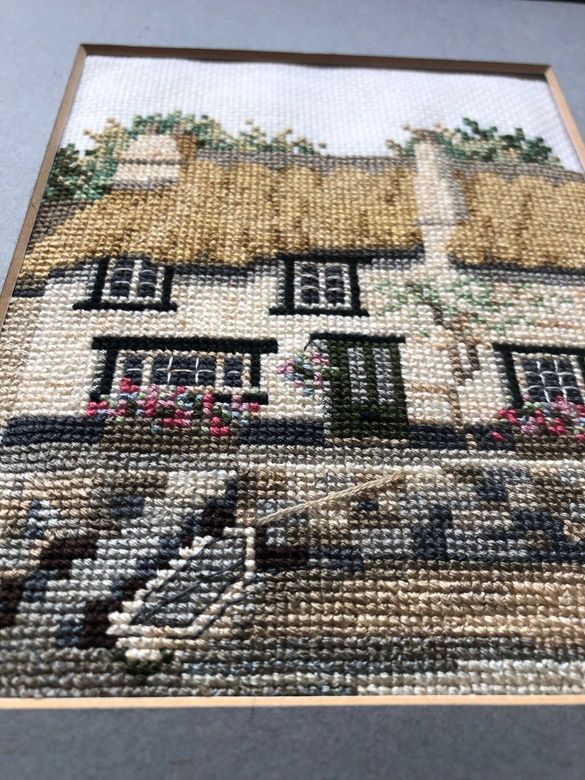 Waterfront thatched cottage finished cross-stitch picture, framed ...