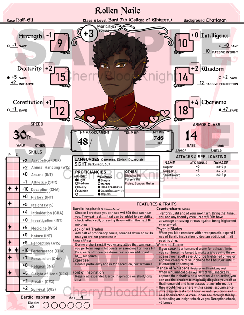 D&D 5e Alternate Character Sheets (Character Sheet, Detail Sheet, and