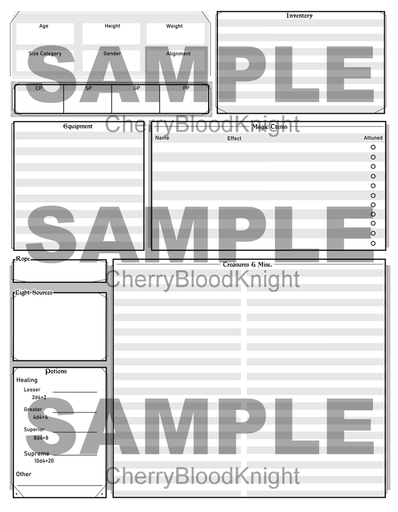 D&D 5e Alternate Character Sheets (Character Sheet, Detail Sheet, and