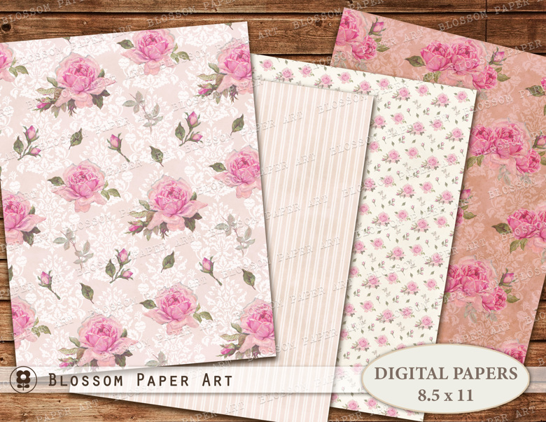 Pink Digital Paper, Roses Scrapbook Paper, Floral Collage Sheet, Junk ...