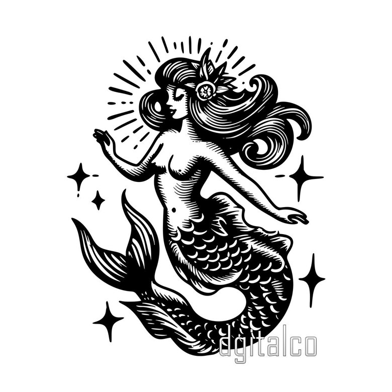 Sailor Jerry Inspired Mermaid Tattoo Design - Black and White