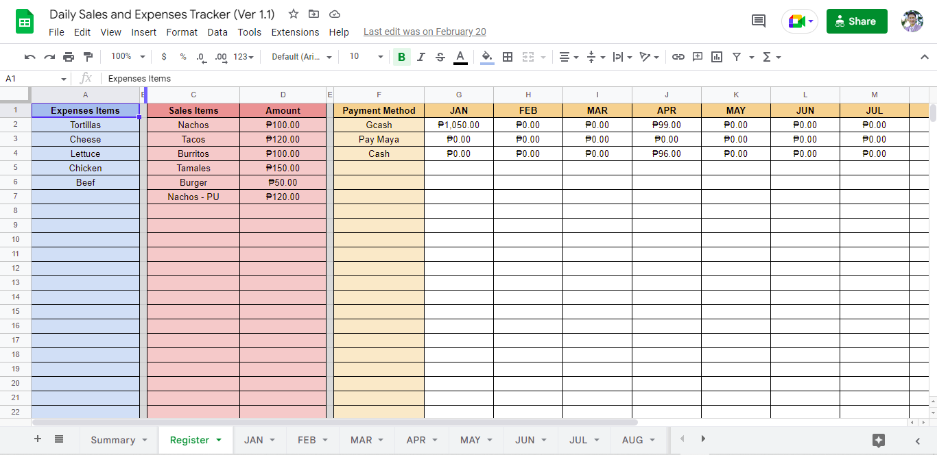 Daily Sales and Expenses Tracker Ver 1.2 - Google Sheets Template ...