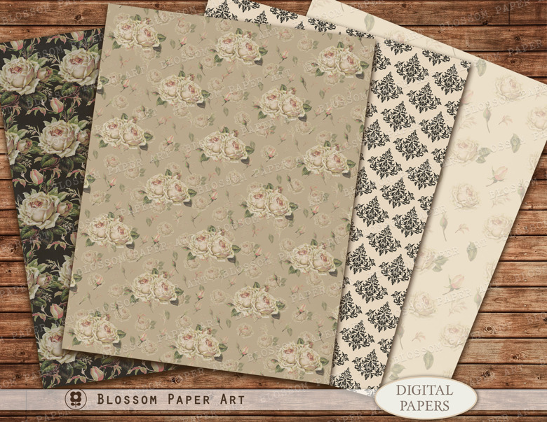 Rose Digital Paper, Junk Journal Black Floral Paper, Scrapbook