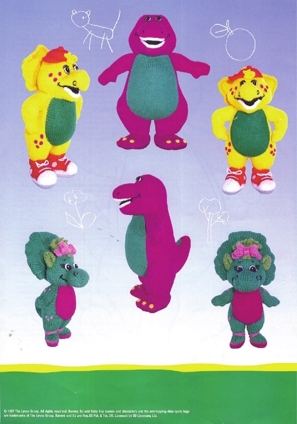 3 Vintage Barney Toy Knitting Patterns by Gary Kennedy - Merlin 's