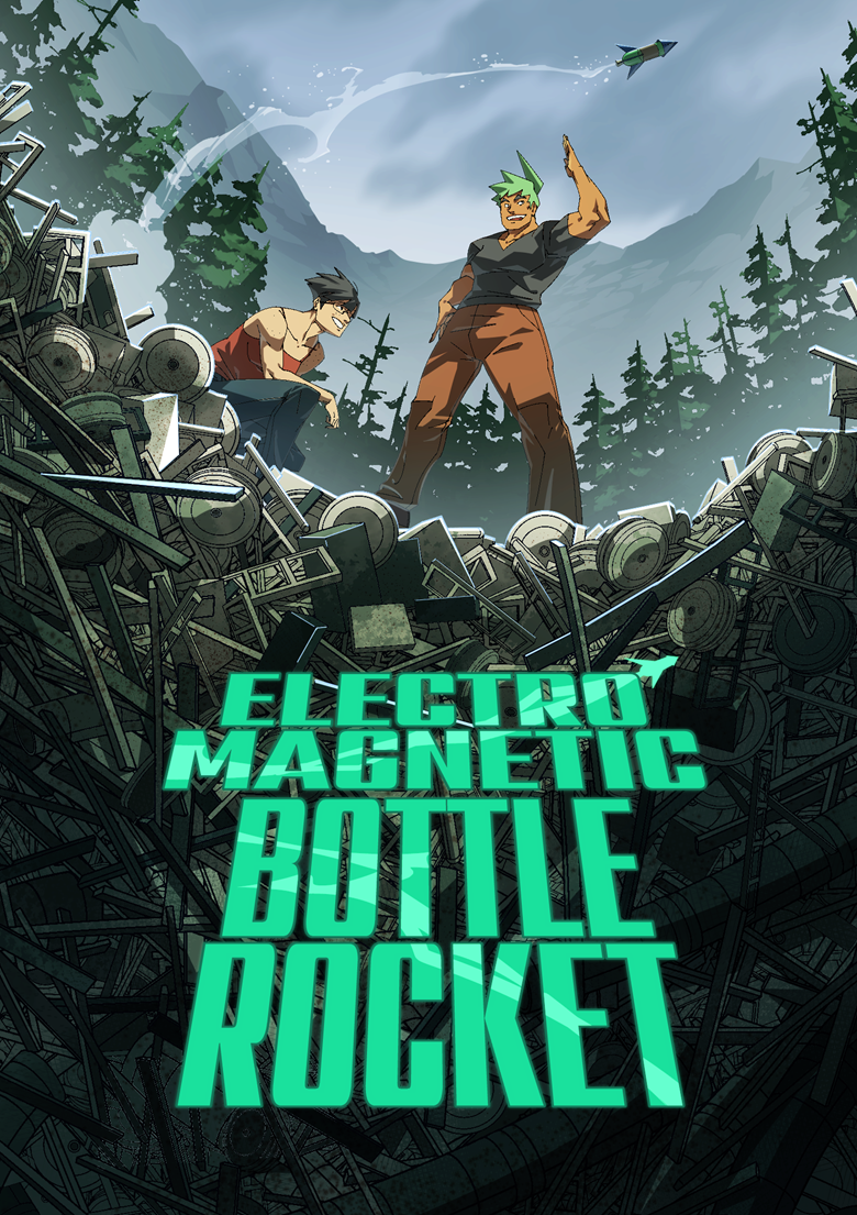 The cover of the comic "Electro Magnetic Bottle Rocket" by Francesca “Fums” Lloren. The cover depicts two women standing on top of a pile of scrap metal. The woman on the left has short black hair, wearing a red sleeveless top and black jeans. The woman on the right has short, spikey Munsell green hair that resembles a thunderbolt in the back, wearing a black t-shirt with brown slacks. Above them, a bottle rocket is being propelled in the sky, leaving behind a trail of water. They are surrounded by a boreal forest and mountains