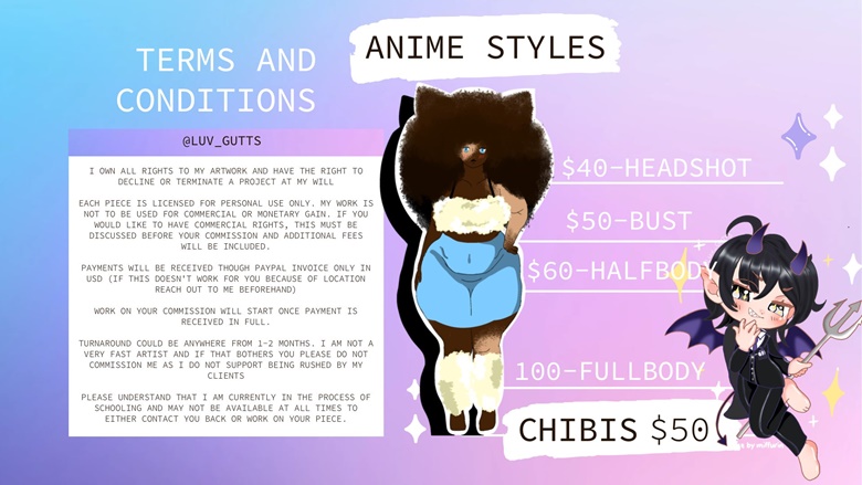 Anime Commissions store Anime Style, Half Body, Bust, Full Body