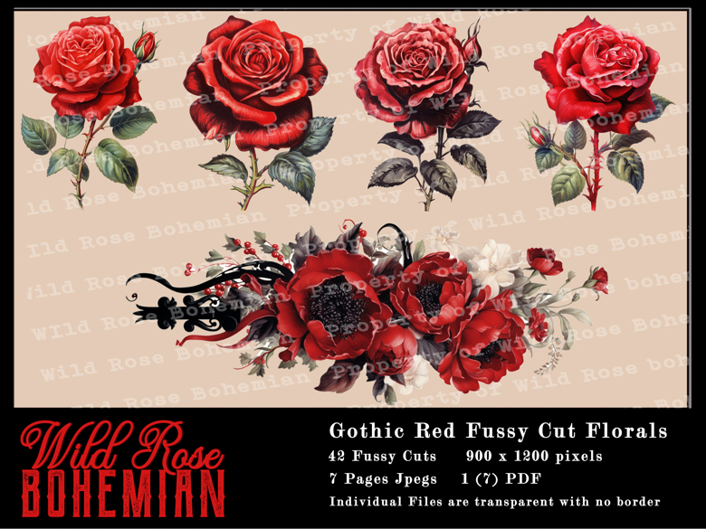 Red Rose Gothic Clipart, Gothic Roses Graphics, Gothic Fussy Cuts PNGS ...