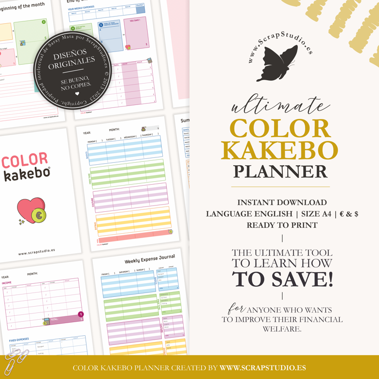 COLOR Kakebo Planner, Easy finance, Learn to save, Flexible calendar,  Printable/Editable, Usd and eur coins