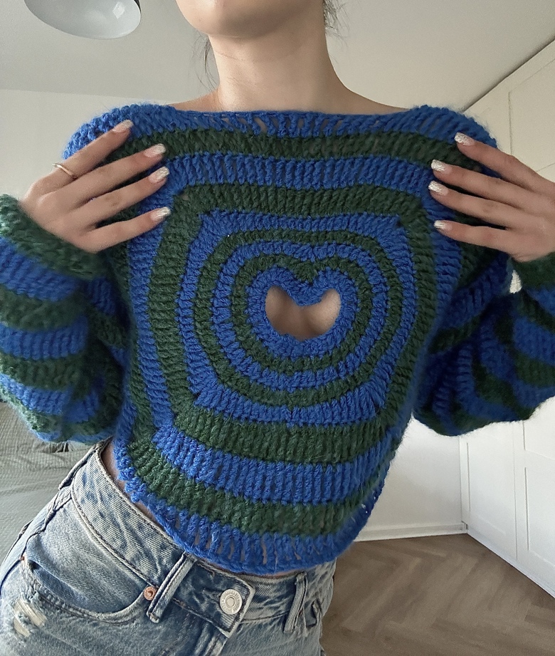 Heartburn crochet sweater pattern, heart cut out long sleeve