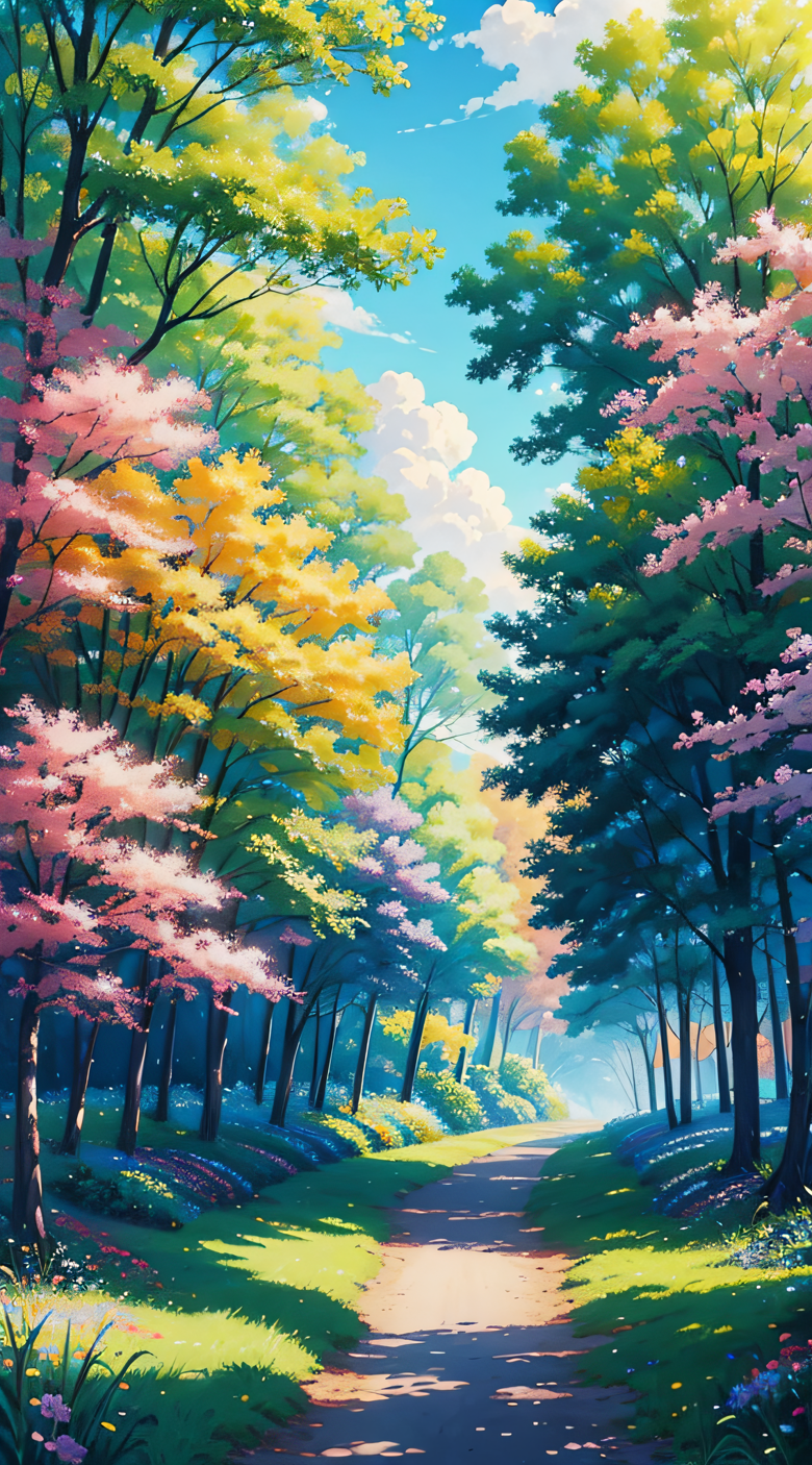 Anime-Inspired Landscape: A Vivid Gouache Painting of Colorful Trees ...