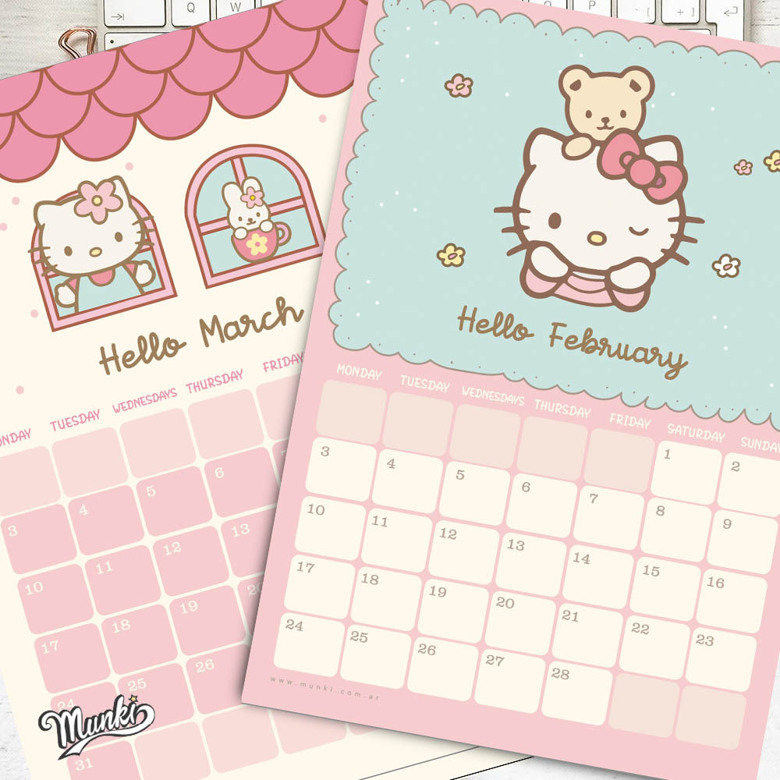 Hello kitty PDF Printable Calendar - 2025 - English texts - Munki ...