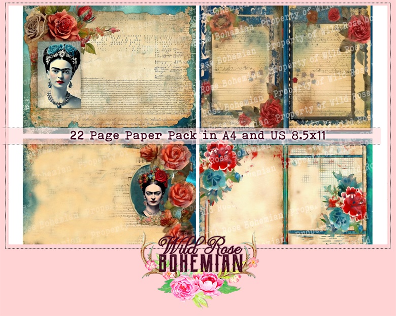 Frida Kahlo Esc Paper, Red, Navy and Turquoise Grunge Paper