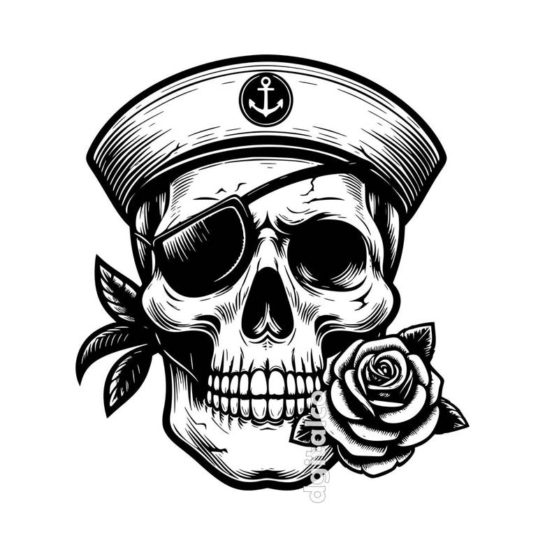 Sailor Skull Eye Patch Rose Vector Illustration - Vector Art and ...