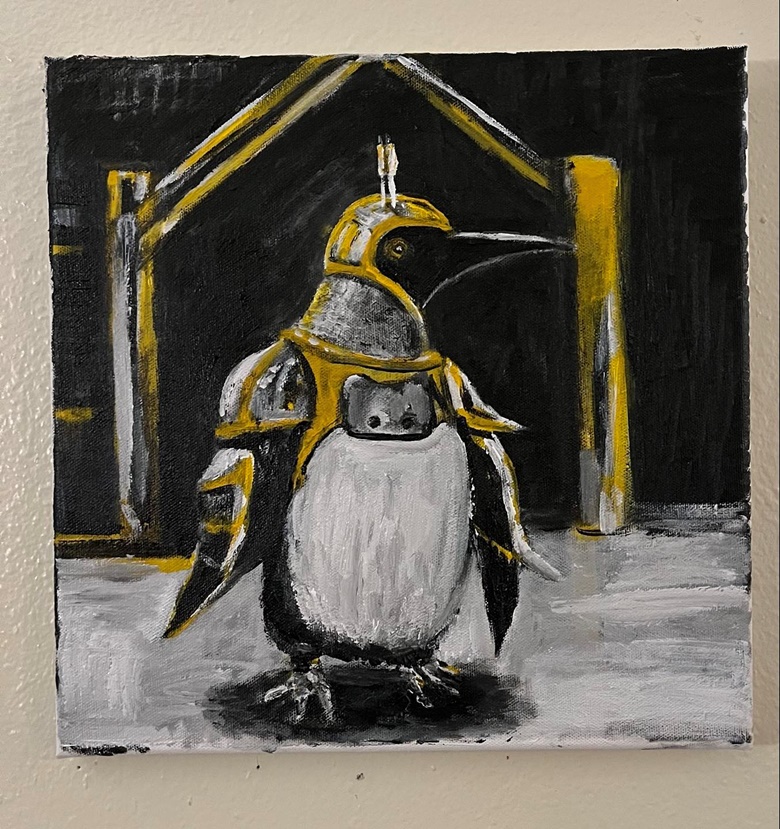 Armored Penguin 12 x12 AI Generated Art Painted In Acrylic On Canvas Tim Ozman Tim Ozman