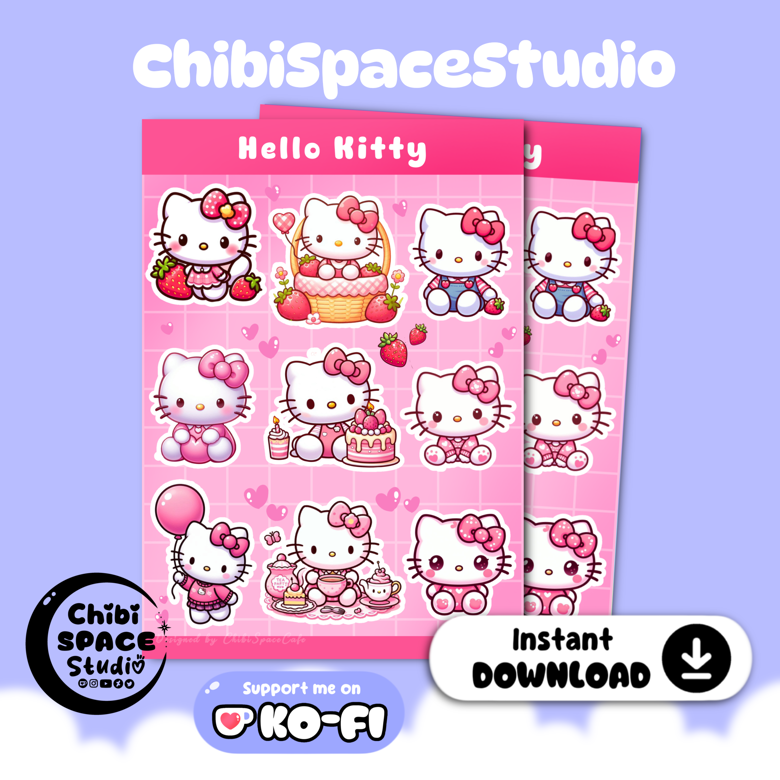Pink Hello Kitty Sticker Sheet - ChibiSpace Studio 's Ko-fi Shop