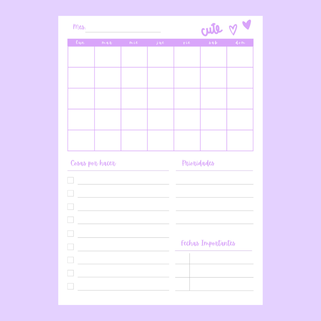 Planificador Mensual Con Calendario Sin Fechas A4 Y Carta Lila Xing Queens Ko Fi Shop Ko Fi 1498