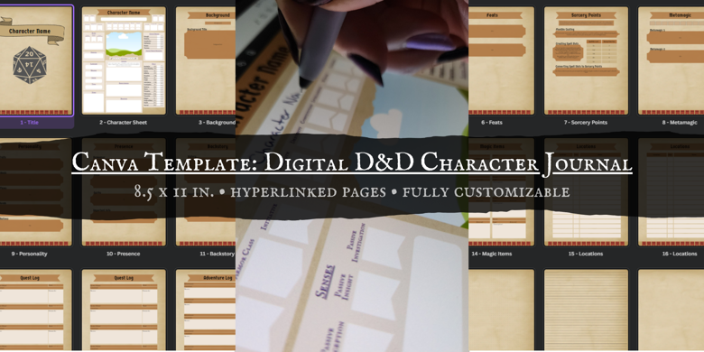 D&amp;D Character Journal Canva Template - Digital w/ hyperlinks 