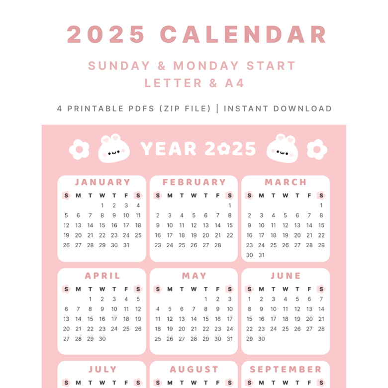 2025-calendar-overview-sunday-monday-start-a4-and-letter-size-cute-pink-bunny-theladyernestember-s-ko-fi-shop-ko-fi-where-creators-get-support-from-fans-through-donations-memberships-shop-sales
