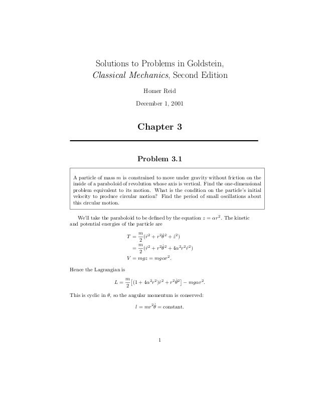 goldstein classical mechanics homework solutions