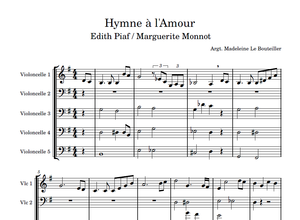 Score: Hymne à L'Amour - Edith Piaf | For 5 Cellos - Madeleine Ladore's ...