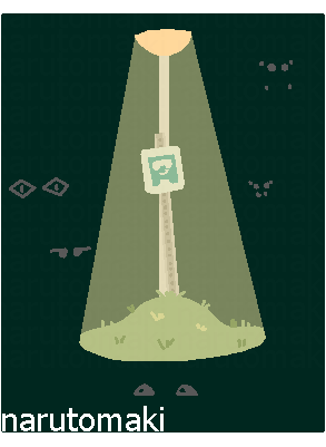 a sign post stand illuminated on a grassy hump, in the dark background emoticon faces stare at the viewer