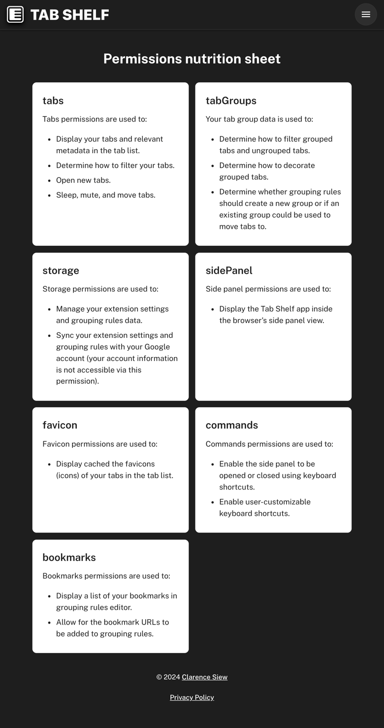 Screenshot of the Tab Shelf privacy policy page on tabshelf.com