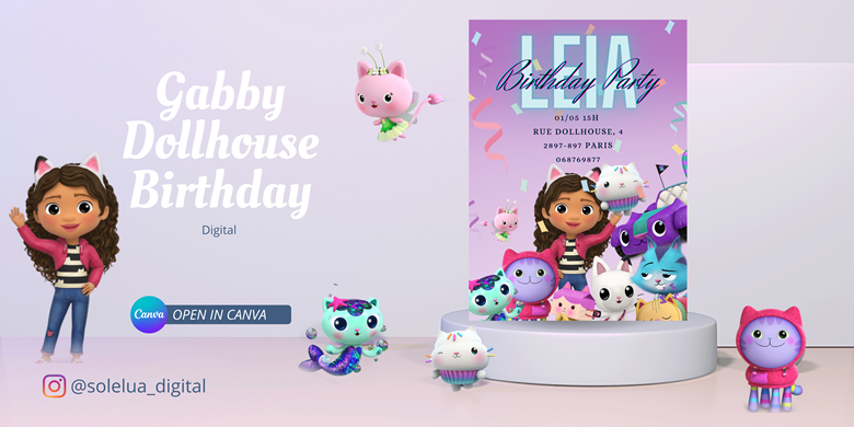 Gabby Dollhouse Birthday Party invitation Anniversaire - Sol e Lua  Digital's Ko-fi Shop