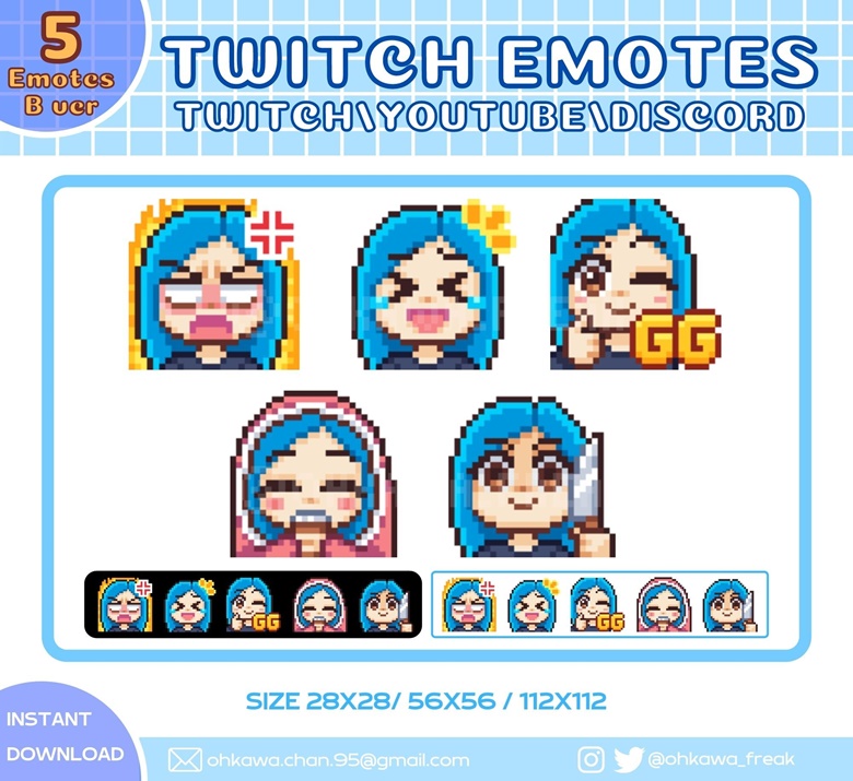 Blue Hair Girl Twitch Emotes (B Ver.) / Cute / Youtube / Discord ...