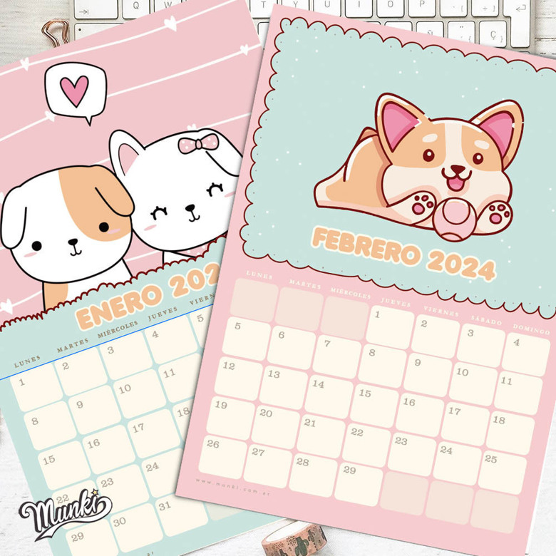 Calendario 2024 en PDF, Puppies and Kitten Kawaii Aesthetic, en español ...