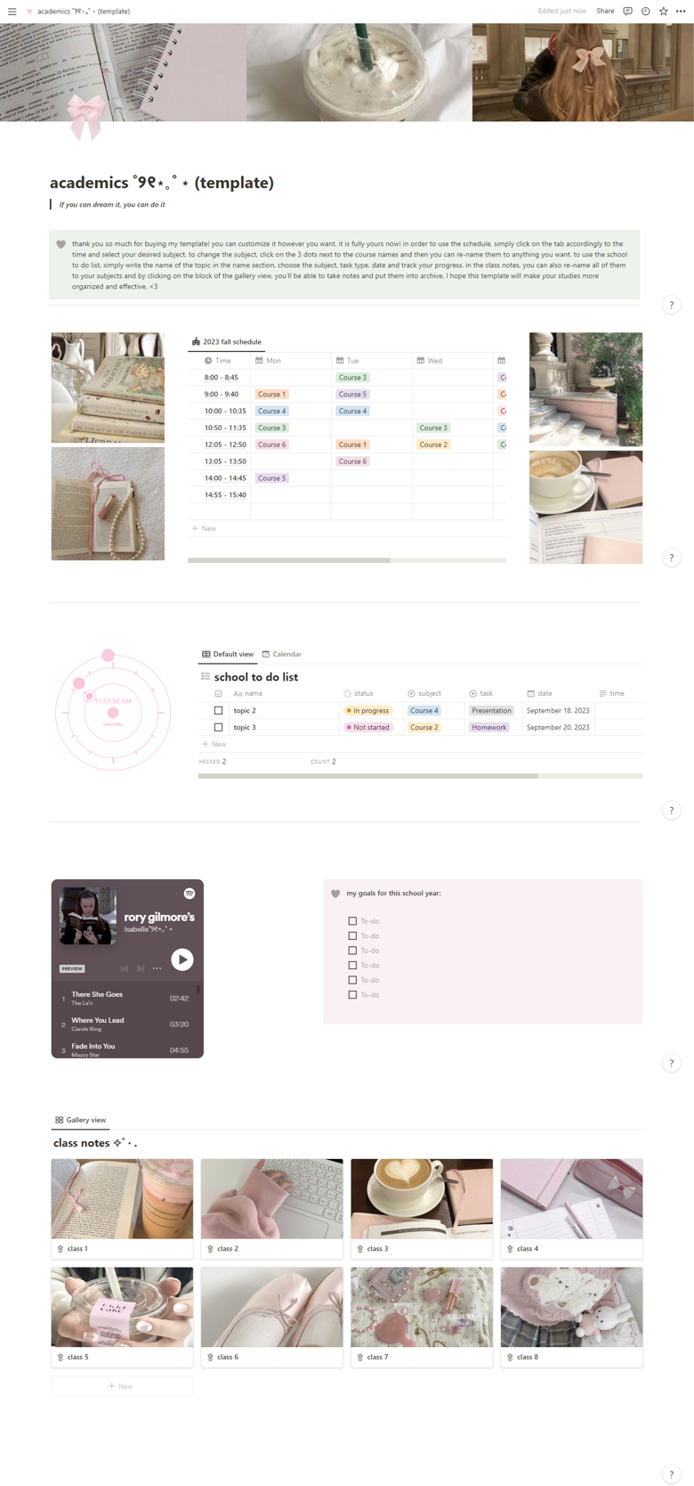 Coquette School Notion Template - Plannora Templates˚ ♡ ⋆｡˚'s Ko-fi ...