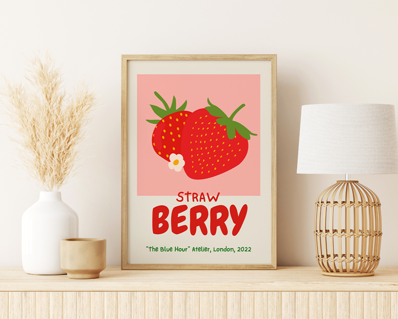 fruit-market-poster-strawberry-wall-art-retro-print-strawberry-art