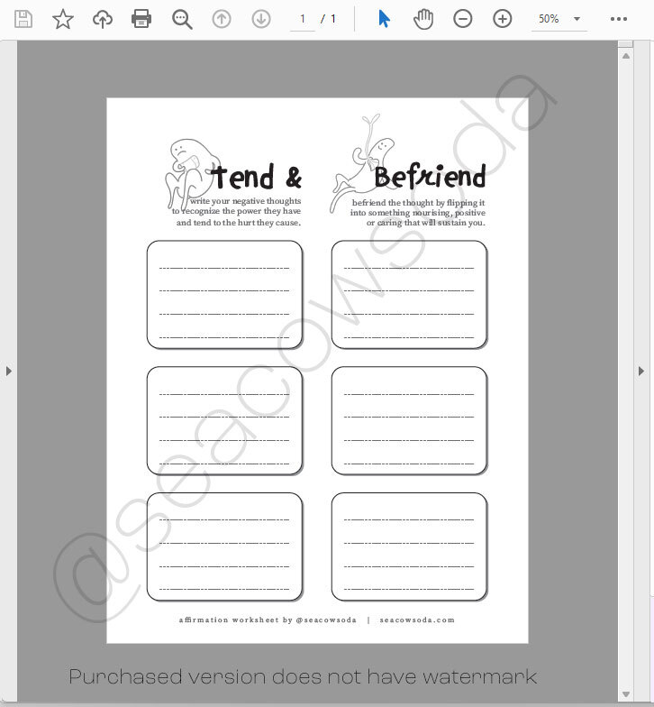 Printable Tend Befriend Affirmation Worksheet Color Grayscale