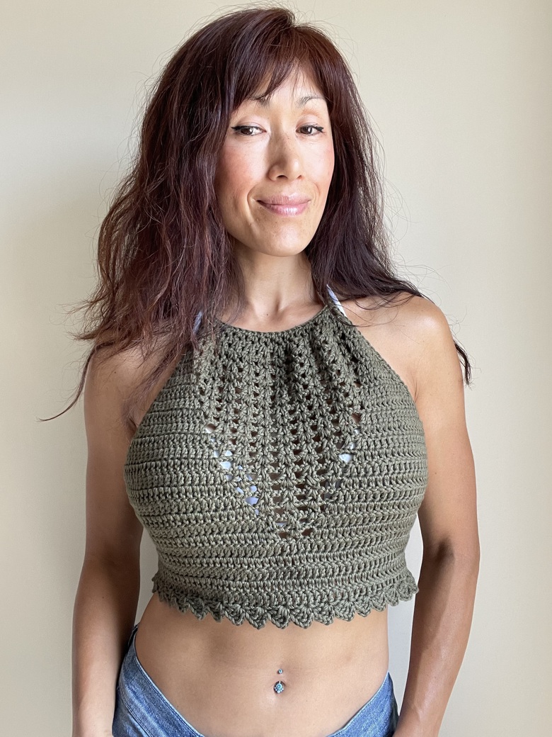 Olive green color summer crochet mesh detail halter top - momopot75's ...