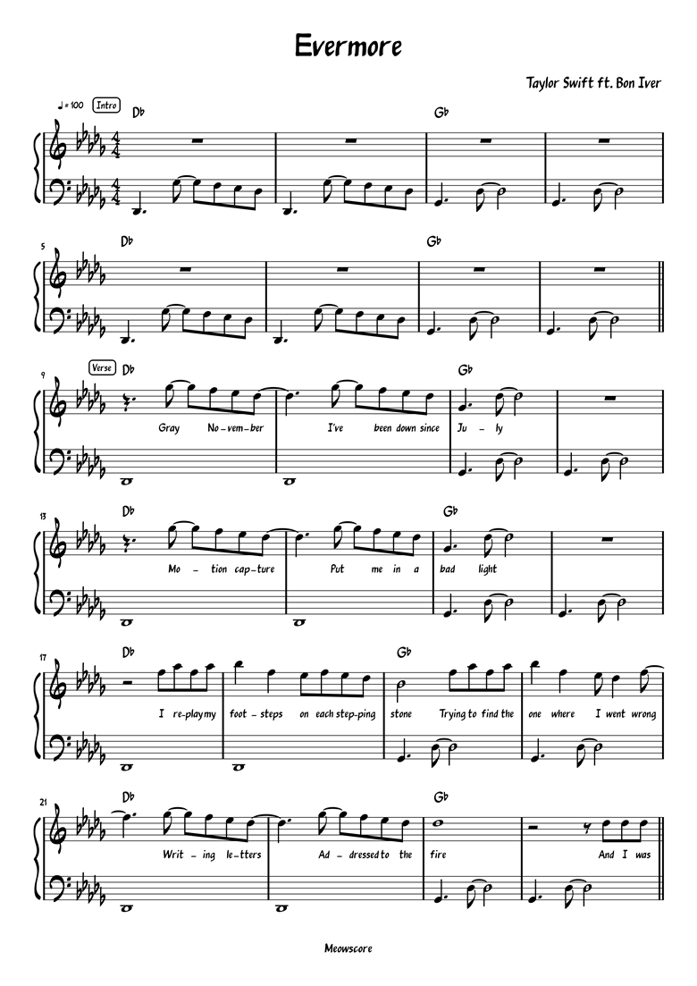 The 1 - Taylor Swift, Partitura Piano Acomp. Orig.