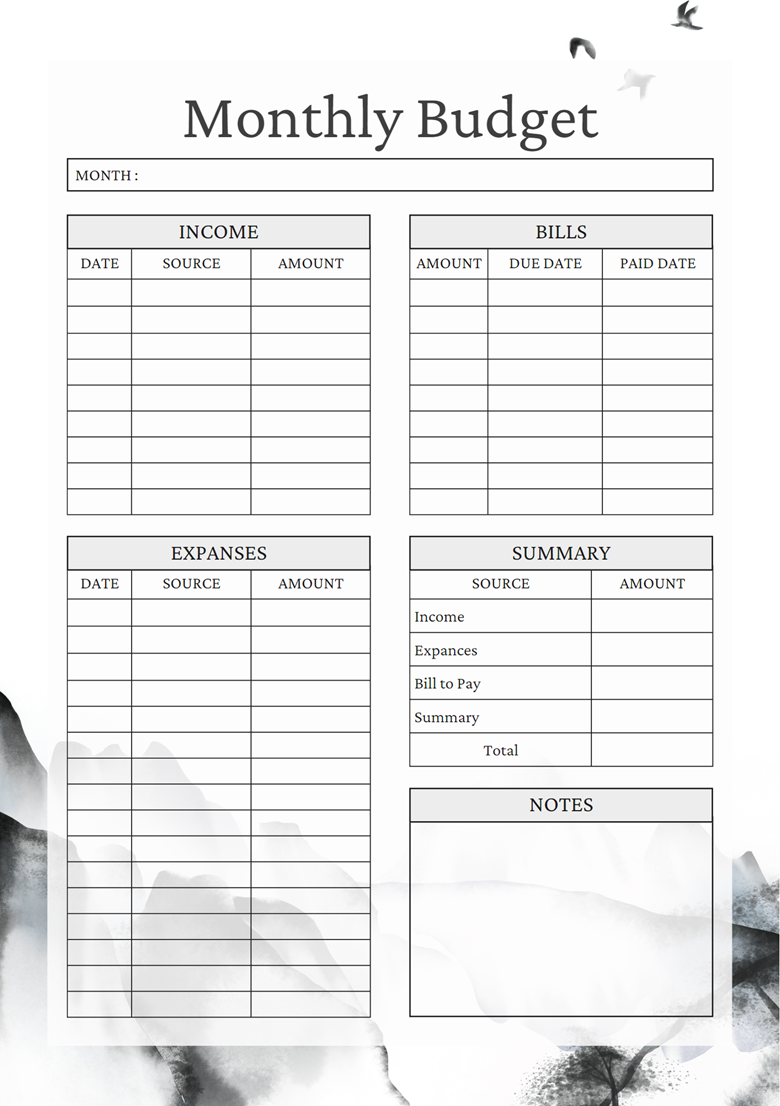 Printable Productivity Planners With Dark Mountains & Birds 