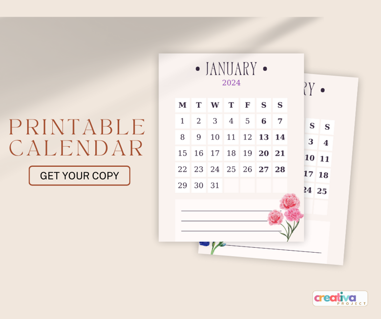 Colored Printable 2024 Calendar Creativa Project's Kofi Shop Kofi