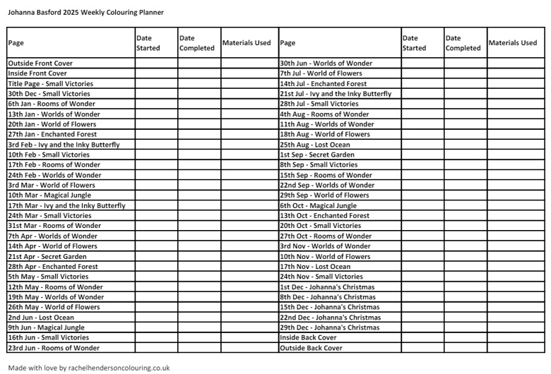 Colouring Book Index Sheet Johanna Basford's 2025 Weekly Coloring