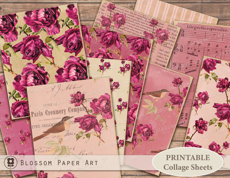 Purple Digital Paper Roses Scrapbook Paper Vintage Floral 