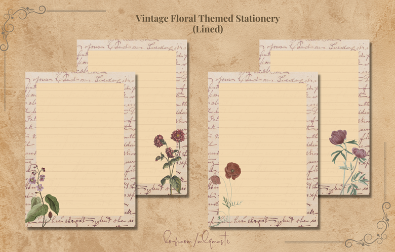 Set of 4 Printable Vintage Floral Themed Stationery (Lined and Blank ...