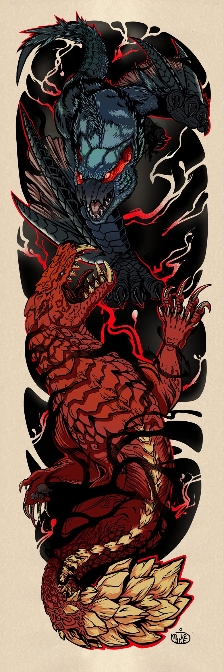 A commission for a tattoo design depicting a bloody territorial dispute between two monsters from Capcom's Monster Hunter franchise.