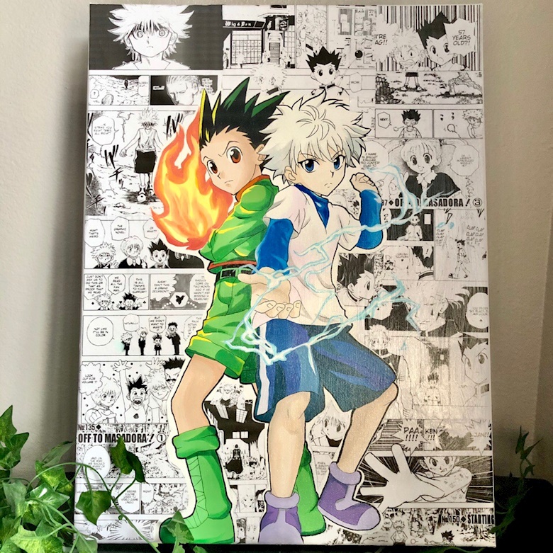 Hunter x Hunter Gon and Killua with random manga panel background