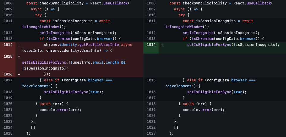 Screenshot of GitHub diff changes showing removal of reliance on the 'identity' permission in between v2024.3.0 on the left, and v2024.3.2 on the right