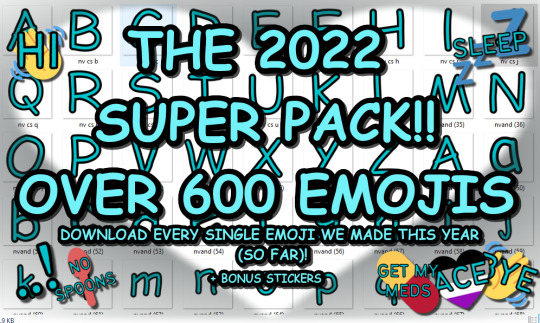 Left/Below: A screenshot the images from the 2022 Emojis Superpack made by us. It shows multiple examples of emojis made with blue text.